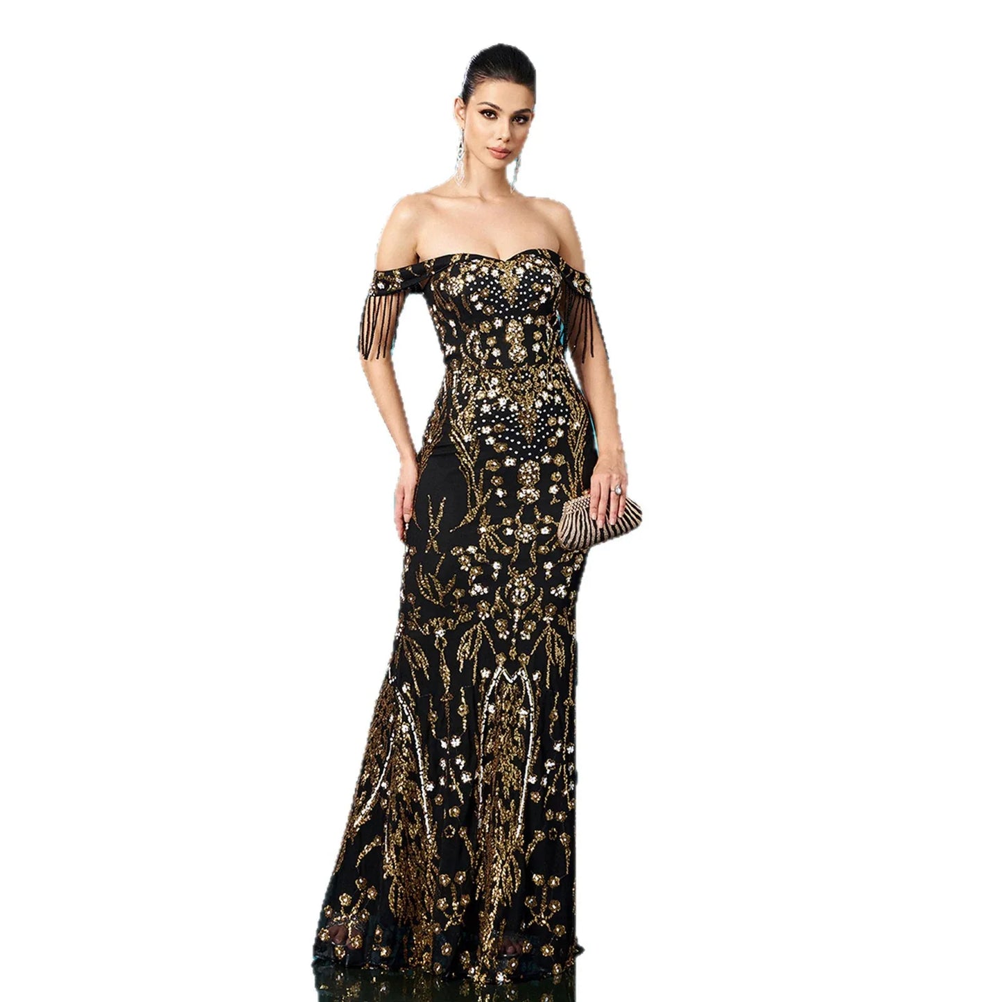 Off-neck Tassel Sequined Fishtail Evening Dress For Banquet - Gizmo Galaxy