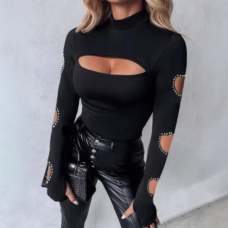 New Slim Fit Hollowed Heart Shape Long Sleeve Top Women's Clothing - Gizmo Galaxy