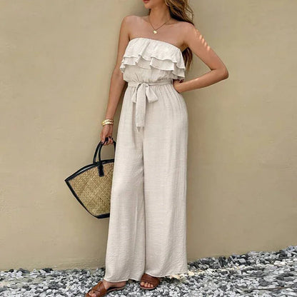 Women's Summer Sleeveless Tube Top Jumpsuit Ruffled Tied Jumpsuit - Gizmo Galaxy