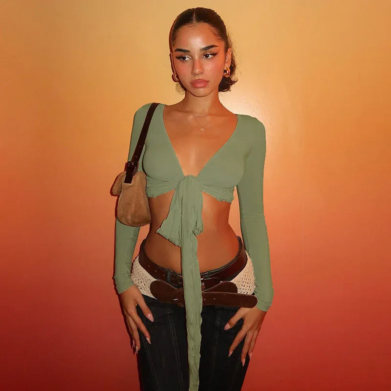 Pure Desire Strap Long-sleeved T-shirt Sexy Deep V-neck Short Blouse - Gizmo Galaxy