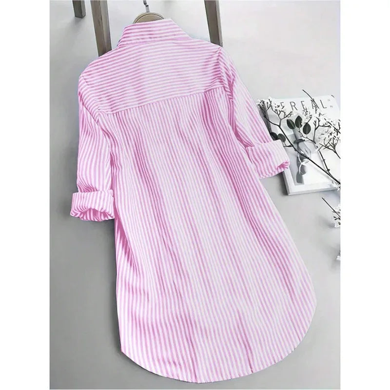 Women Oversized Button Down Striped Shirts Casual Long Sleeve Boyfriend Blouse Top - Gizmo Galaxy