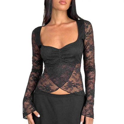 European And American Style Elegant Slim Fit Sexy Style Slit Lace Smock Top Women - Gizmo Galaxy
