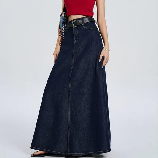 Women's Solid Color Loose Fit Blue Vintage Denim Skirt - Gizmo Galaxy