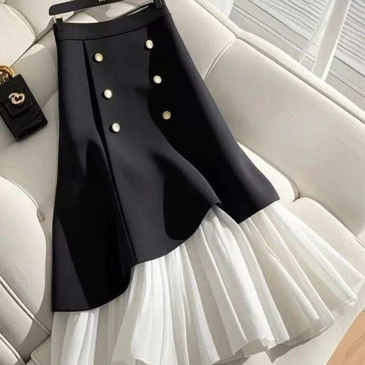 Irregular Splicing Half Skirt With Buttons - Gizmo Galaxy