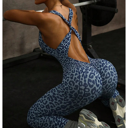 Seamless Cross-design Leopard-print Hollow-out One-piece Bodysuit - Gizmo Galaxy