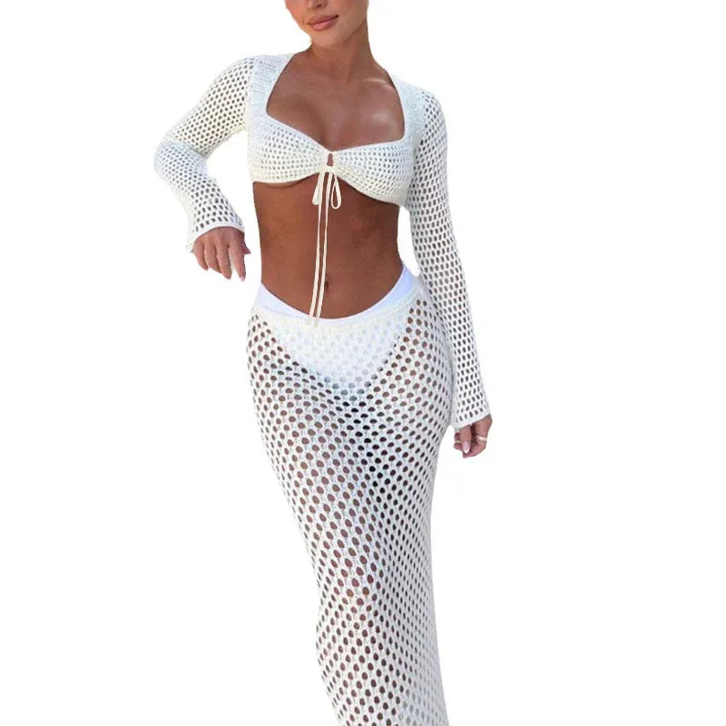 Lace Mesh Long Sleeve Narrow Casual Knitted Maxi Dress Suit - Gizmo Galaxy