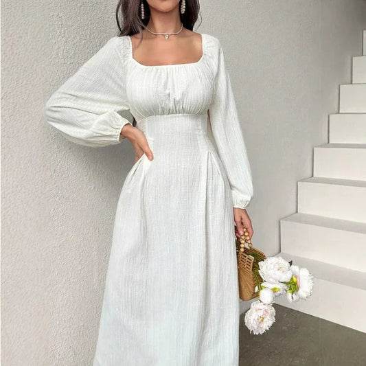 Women's Fashion Square-neck Tie-waist Figure-flattering A-line Dress With Long Sleeves And An Elegant Vibe - Gizmo Galaxy