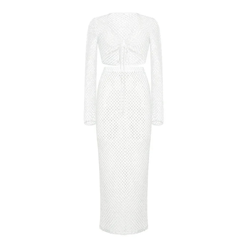 Lace Mesh Long Sleeve Narrow Casual Knitted Maxi Dress Suit - Gizmo Galaxy