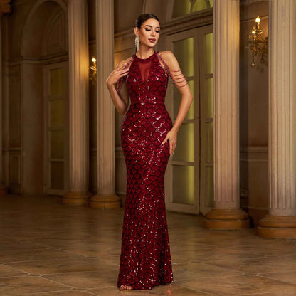 Elegant Sleeveless Round Neck Sequins Slim Sheath Banquet Fishtail Dress - Gizmo Galaxy