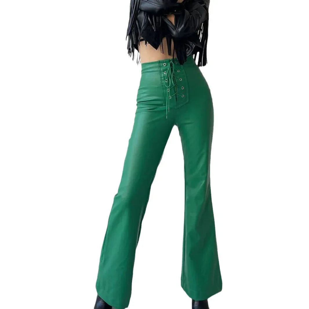 Women's Leather High Waist Stretch Metal Hole Lace-up Pants - Gizmo Galaxy