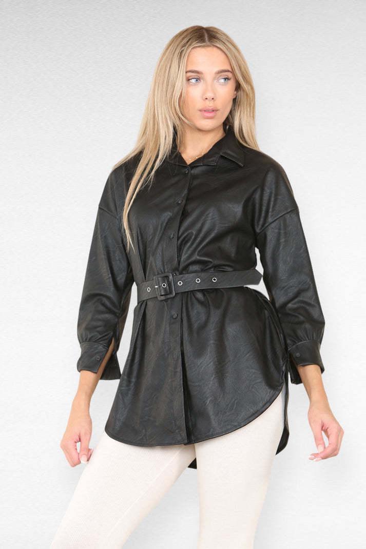 PU Faux Leather Belted Wet Look Shirt Dress - Gizmo Galaxy