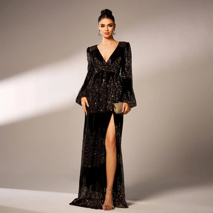 Long Sleeve V-neck Sexy Long Sequined Evening Dress - Gizmo Galaxy