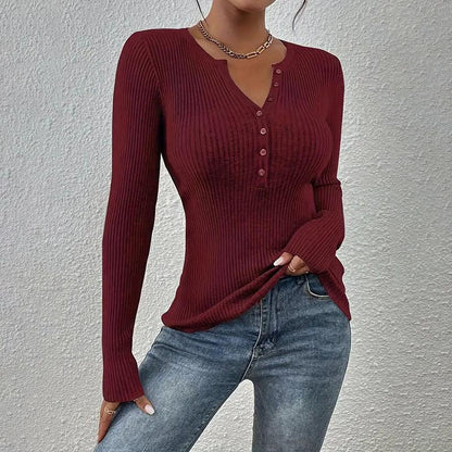 Women's Elegant V-Neck Button Detail Knit Sweater - Long Sleeve Solid Color Casual Pullover For Fall&SpringTop - Gizmo Galaxy
