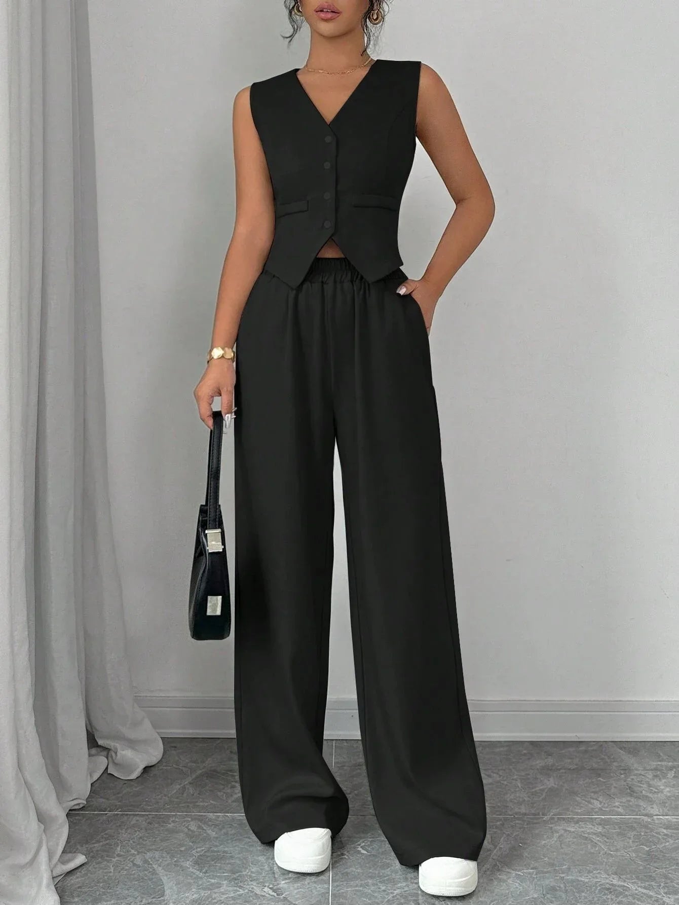 Elegant Button-front Sleeveless Vest And Trousers Set - Gizmo Galaxy