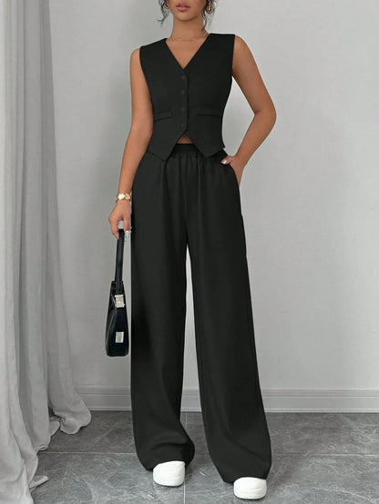 Elegant Button-front Sleeveless Vest And Trousers Set - Gizmo Galaxy