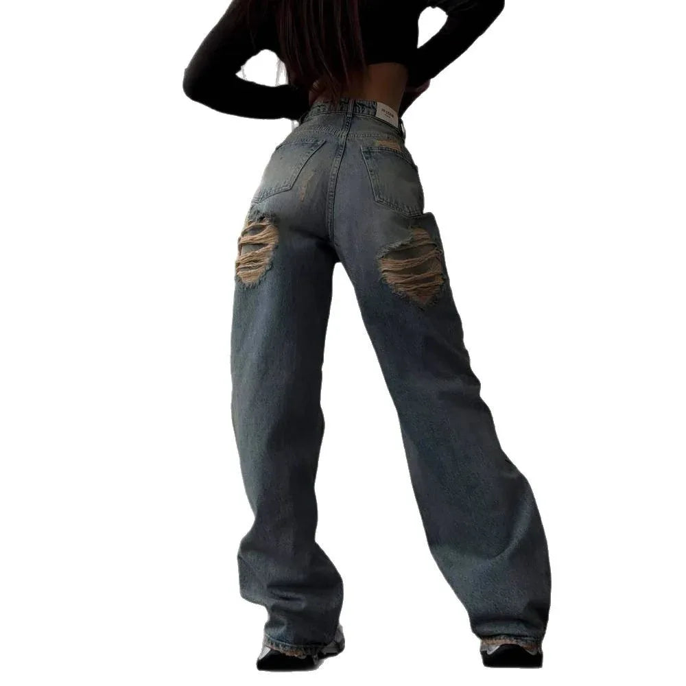 Retro Spicy High Waist Straight Mop Back Ripped Design Jeans - Gizmo Galaxy