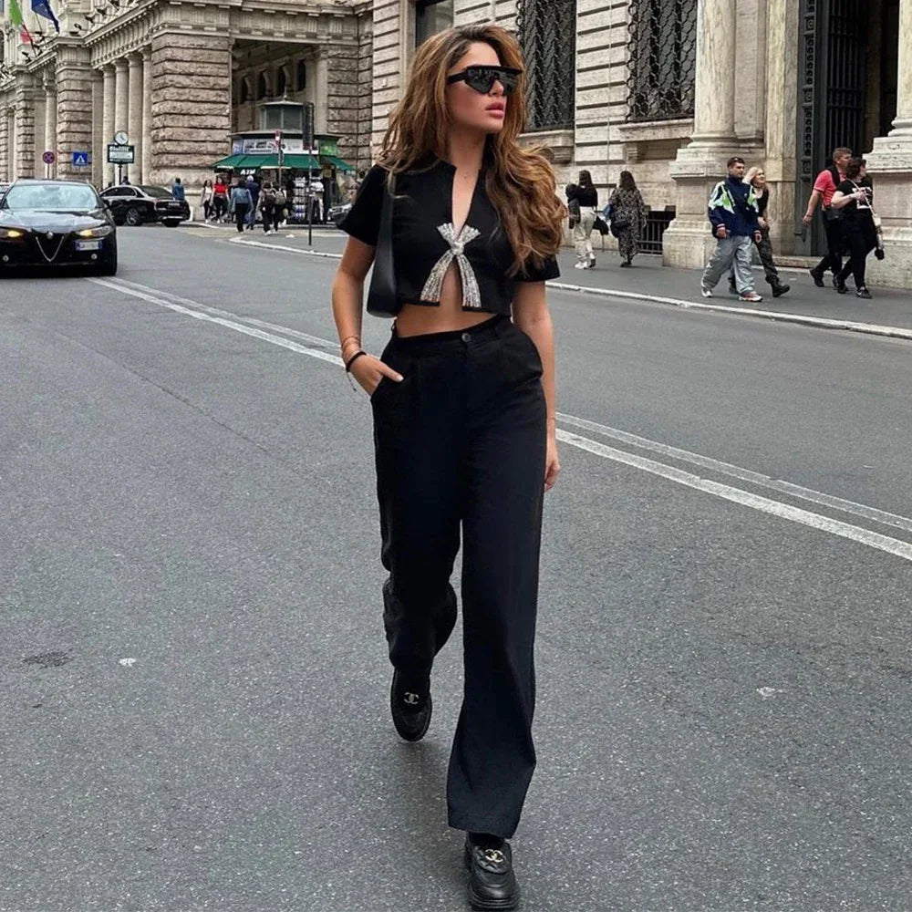 Women's Open-navel Split Rhinestone European And American Top T-shirt - Gizmo Galaxy