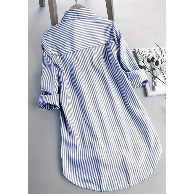 Women Oversized Button Down Striped Shirts Casual Long Sleeve Boyfriend Blouse Top - Gizmo Galaxy