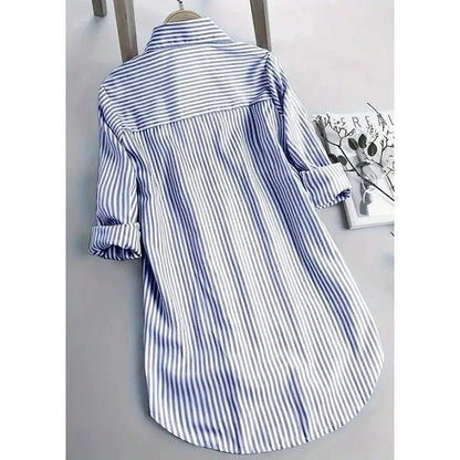 Women Oversized Button Down Striped Shirts Casual Long Sleeve Boyfriend Blouse Top - Gizmo Galaxy