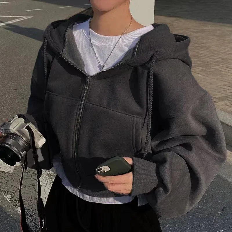 Velvet Padded All-matching Short Slim-fit Zipper Warm Navy Blue Hooded Sweater - Gizmo Galaxy