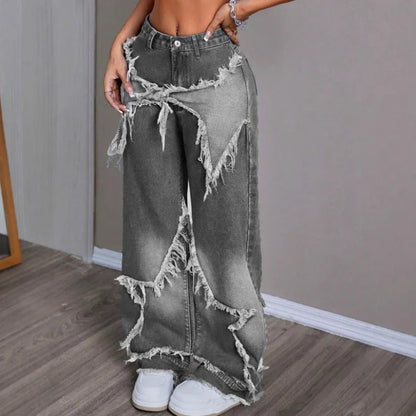 Retro Star Patchwork Heavy Wash Women's Jeans - Gizmo Galaxy