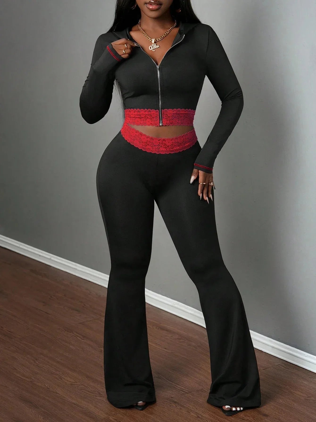 Fashionable Solid-Color Patchwork Lace Casual Jacket And Pants Set - Gizmo Galaxy