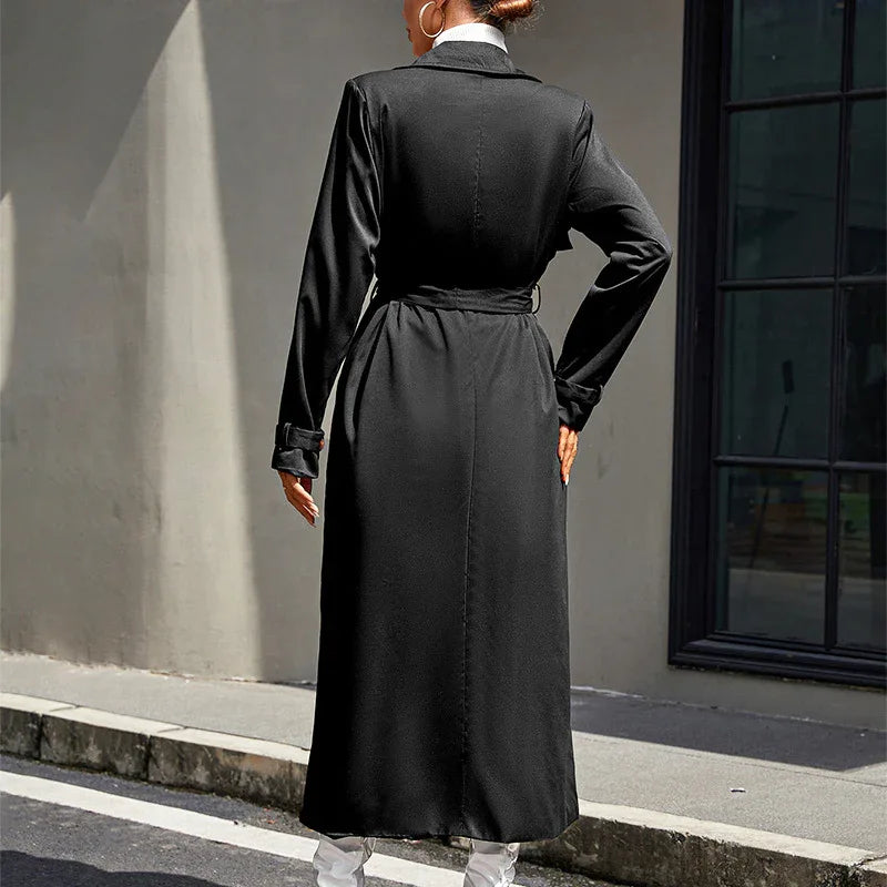 Mid-length High-grade Large Lapel Temperament Commute Lace-up Waist-controlled Black Coat - Gizmo Galaxy