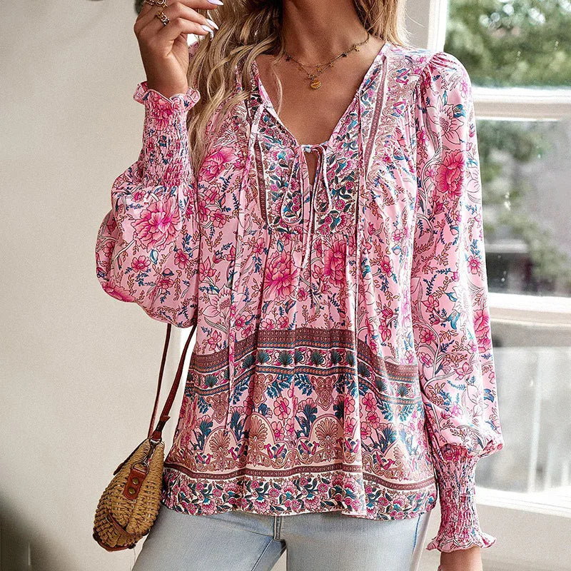 Wpmens Boho Chic Long Sleeve Blouse Floral Print V-Neck Top With Lace-Up & Drawstring Detail Elegant Vacation Shirt - Gizmo Galaxy