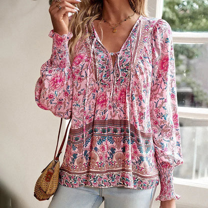 Wpmens Boho Chic Long Sleeve Blouse Floral Print V-Neck Top With Lace-Up & Drawstring Detail Elegant Vacation Shirt - Gizmo Galaxy