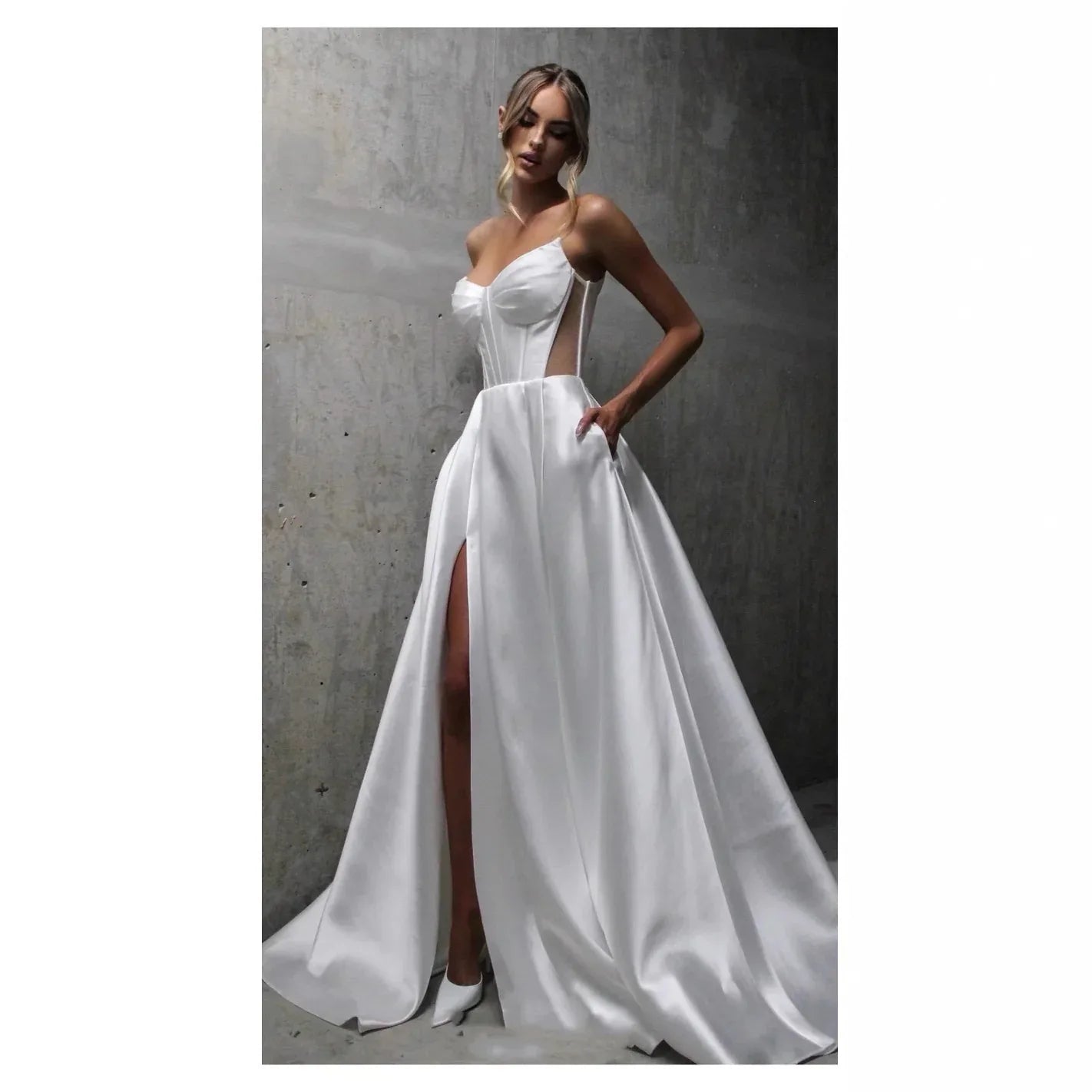 White Satin Slit Pocket Bandage Wedding Dress - Gizmo Galaxy