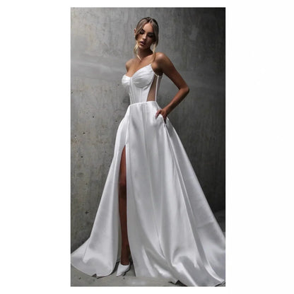White Satin Slit Pocket Bandage Wedding Dress - Gizmo Galaxy