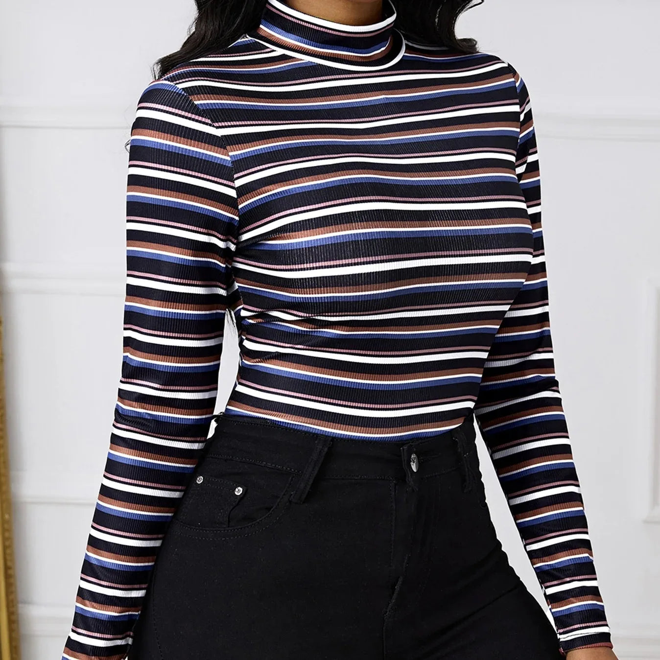 Ladies' Fashionable And Elegant Temperament Versatile Spring Multi-color Splicing Layer Long Sleeved Round Neck T-shirt Top - Gizmo Galaxy