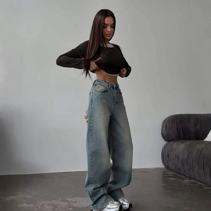 Retro Spicy High Waist Straight Mop Back Ripped Design Jeans - Gizmo Galaxy
