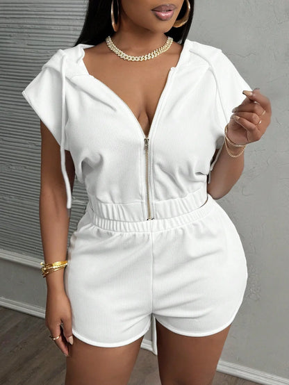 Fashionable Solid-Color Zip-Up Hooded Short-Sleeve Shorts Set - Gizmo Galaxy