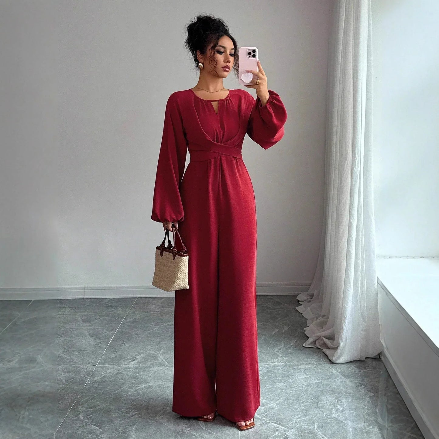 Women's Solid-Colored Jumpsuit With Puffed Sleeves, Square Neck And Wide Legs - Gizmo Galaxy
