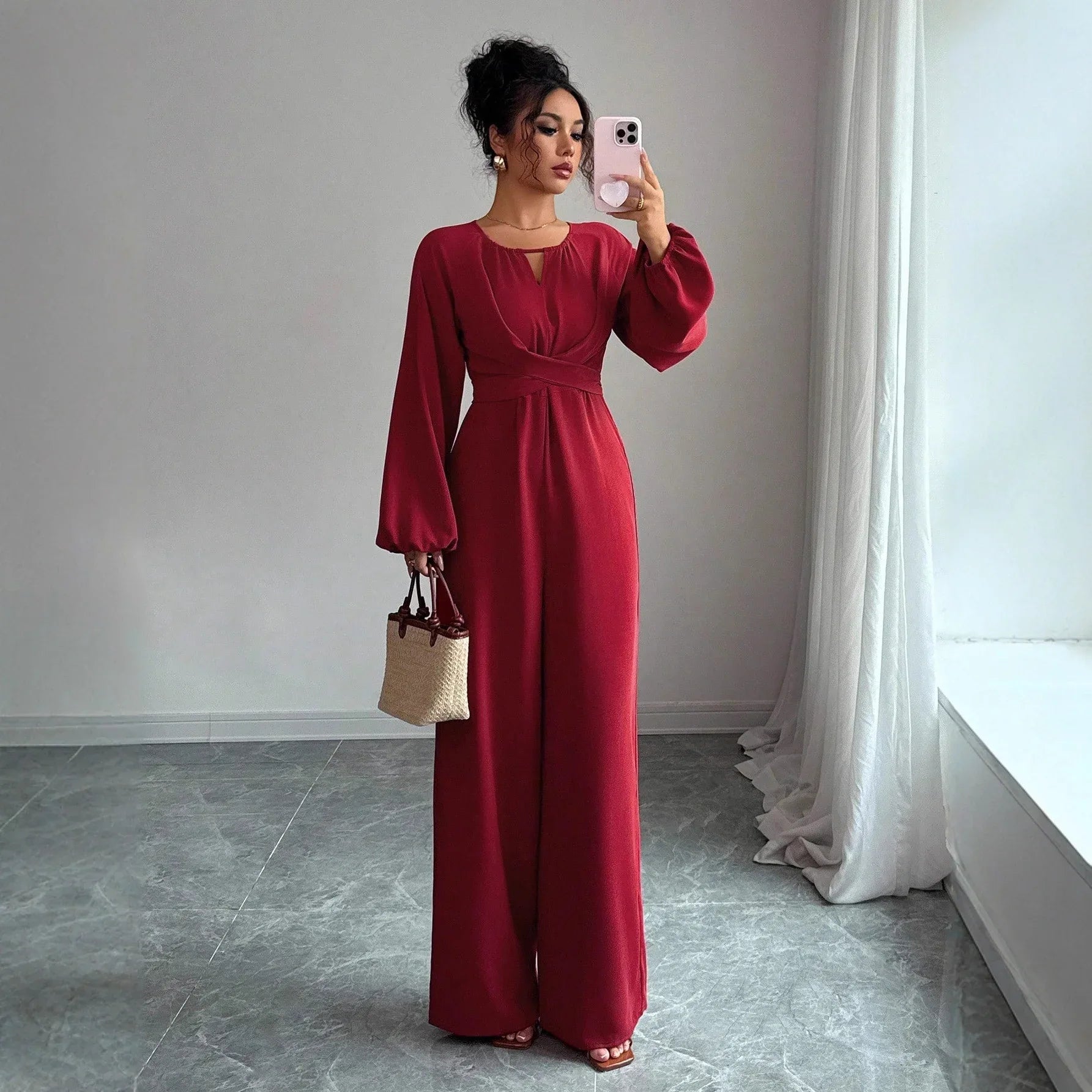 Women's Solid-Colored Jumpsuit With Puffed Sleeves, Square Neck And Wide Legs - Gizmo Galaxy