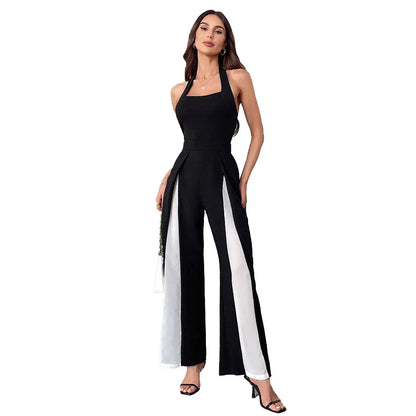 Black And White Color Matching Straight Halter Jumpsuit - Gizmo Galaxy