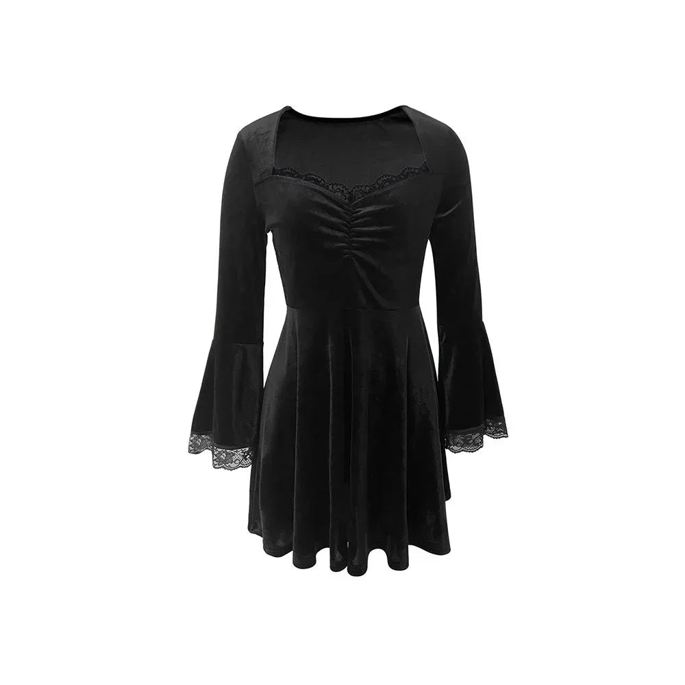 Square Neckline And Patchwork Flared Sleeves Elegant AutumnWinter Women's Dress - Gizmo Galaxy