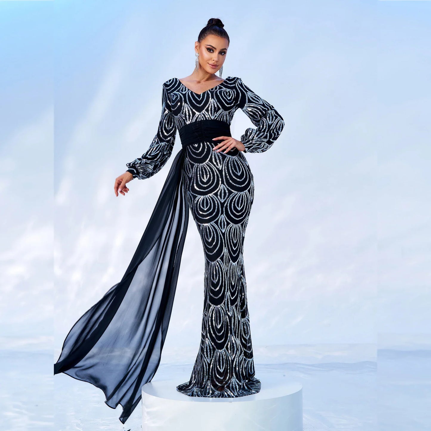 Long Sleeve Sexy Long Sequined V-neck Banquet Ribbon Evening Dress - Gizmo Galaxy