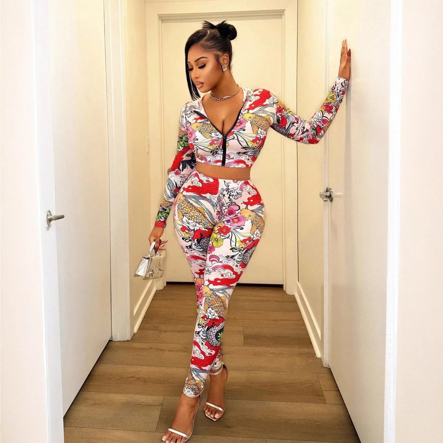 Women's Fashion Hooded Printed Top And Waist-length Sexy Pants Set - Gizmo Galaxy