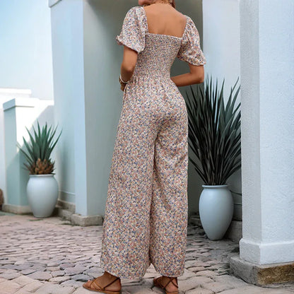 Square Collar Puff Sleeve Vacation Style Floral Jumpsuit - Gizmo Galaxy