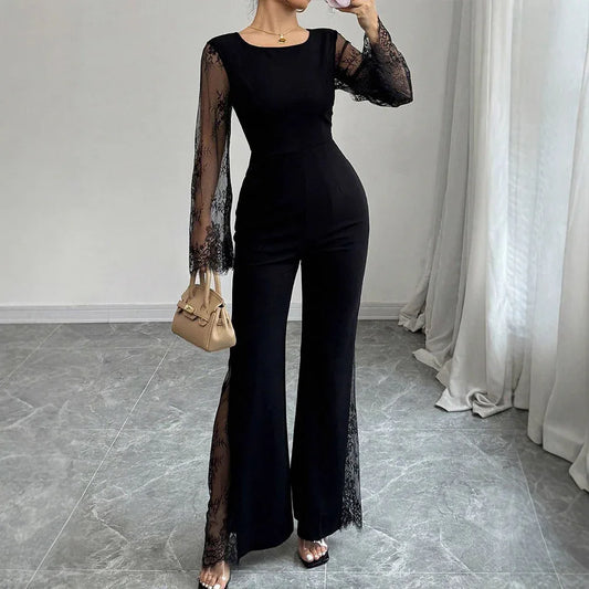 Lace-embellished Long-sleeve Crew-neck Bodycon Jumpsuit With A Cinched Waist And Hip-lifting Design - Gizmo Galaxy