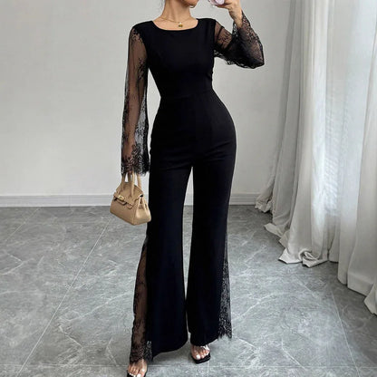 Lace-embellished Long-sleeve Crew-neck Bodycon Jumpsuit With A Cinched Waist And Hip-lifting Design - Gizmo Galaxy