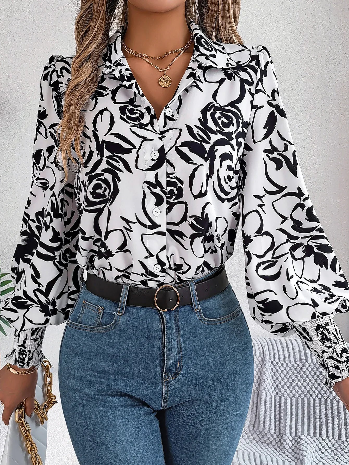 Women's Elegant Color-Blocked Floral Lantern Sleeve Lapel Shirt - Gizmo Galaxy