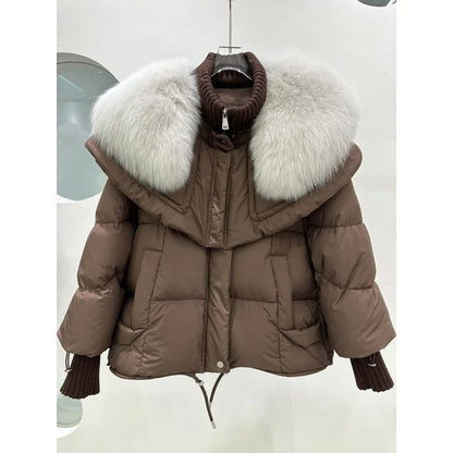 High-end Fox Fur Collar White Duck Down Short Down Jacket Female Light Luxury Loose And Warm Puffer Jacket Coat - Gizmo Galaxy