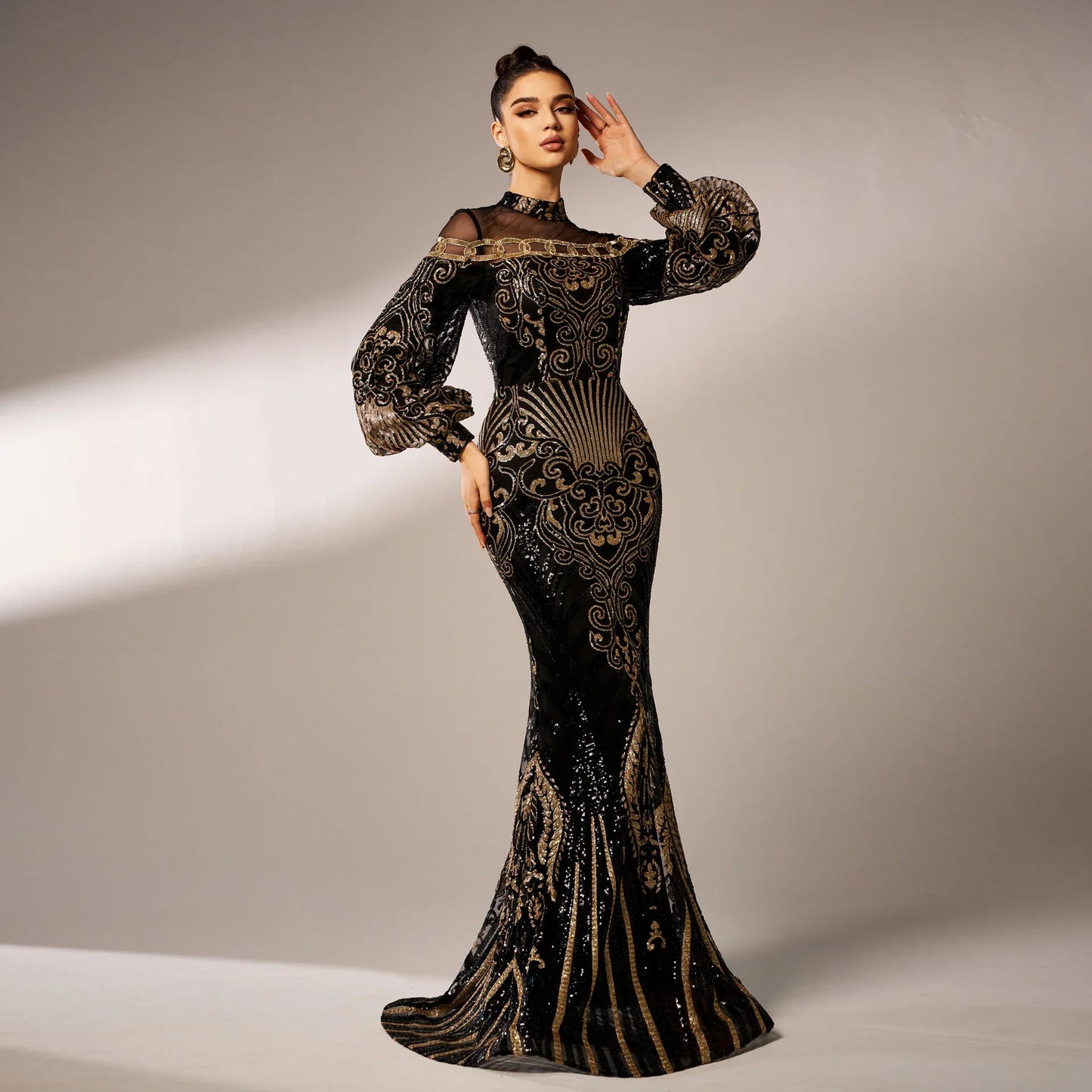 Long Sleeve Round Neck Sequins Mesh Fishtail Evening Dress - Gizmo Galaxy