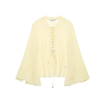 Solid Color Wide Sleeve Lace-up Decorative Chiffon Top - Gizmo Galaxy