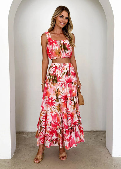 Women's Retro Sleeveless Short Wrap Bustier Printed High Waist Skirt Set - Gizmo Galaxy