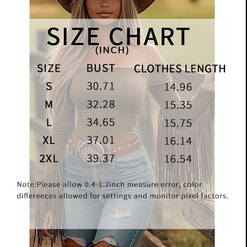 Women's Western Cowgirl Off-Shoulder Fringe Top, Sexy Slim Fitted Long Sleeve Tassel Blouse - Gizmo Galaxy