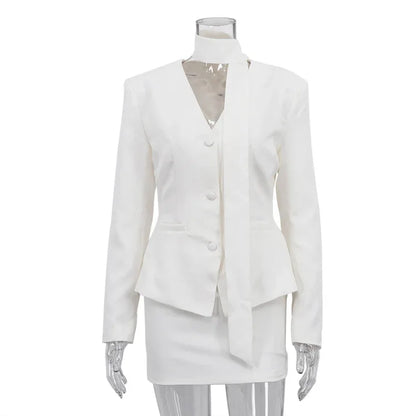 Turtleneck V-neck Long-sleeve Waist-cinching Suit Jacket And Sheath Skirt Two-piece Set - Gizmo Galaxy